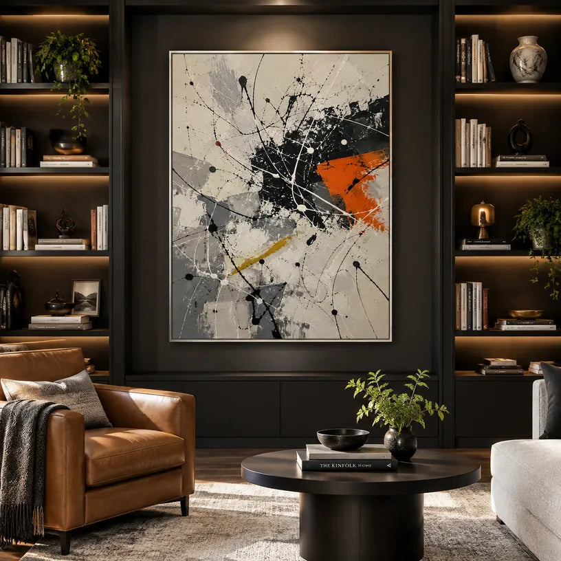 Abstract Expressionist abstract oil painting showing linear black, white and orange abstraction, contemporary wall art.