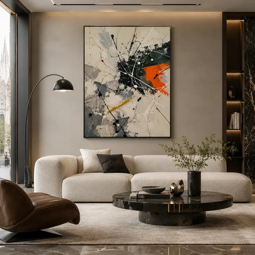 Abstract Expressionist abstract oil painting showing linear black, white and orange abstraction, contemporary wall art.