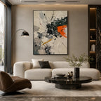 Abstract Expressionist abstract oil painting showing linear black, white and orange abstraction, contemporary wall art.