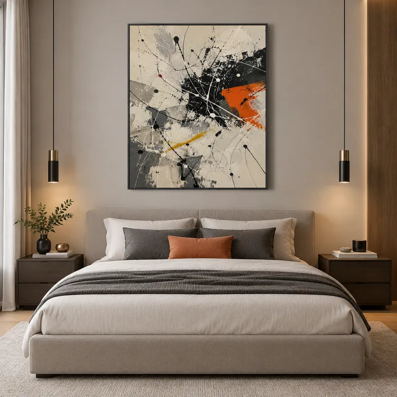 Abstract Expressionist abstract oil painting showing linear black, white and orange abstraction, contemporary wall art.