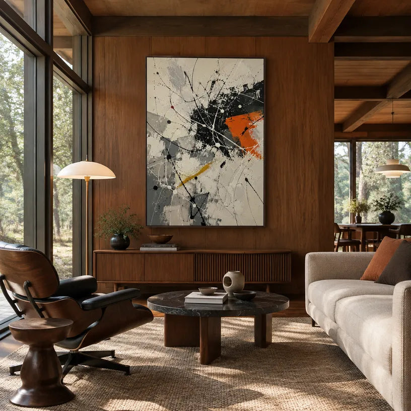 Abstract Expressionist abstract oil painting showing linear black, white and orange abstraction, contemporary wall art.
