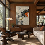 Abstract Expressionist abstract oil painting showing linear black, white and orange abstraction, contemporary wall art.
