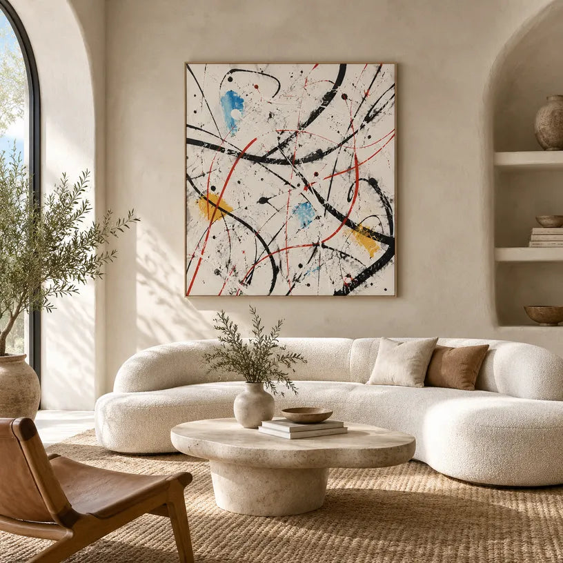 Abstract Expressionist abstract oil painting showing fine lines, splashes and layered painterly texture, contemporary wall art.