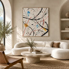 Abstract Expressionist abstract oil painting showing fine lines, splashes and layered painterly texture, contemporary wall art.