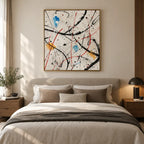 Abstract Expressionist abstract oil painting showing fine lines, splashes and layered painterly texture, contemporary wall art.
