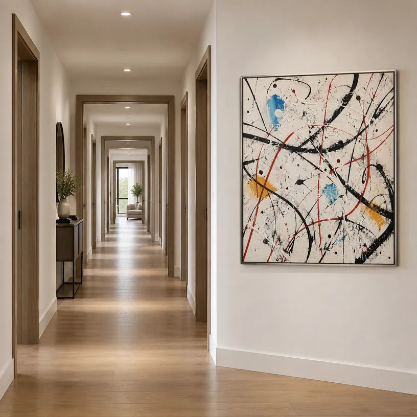 Abstract Expressionist abstract oil painting showing fine lines, splashes and layered painterly texture, contemporary wall art.