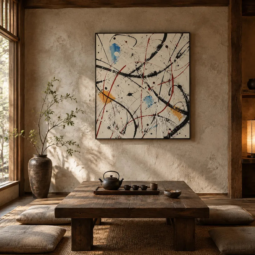 Abstract Expressionist abstract oil painting showing fine lines, splashes and layered painterly texture, contemporary wall art.