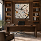 Abstract Expressionist abstract oil painting showing fine lines, splashes and layered painterly texture, contemporary wall art.