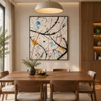 Abstract Expressionist abstract oil painting showing fine lines, splashes and layered painterly texture, contemporary wall art.