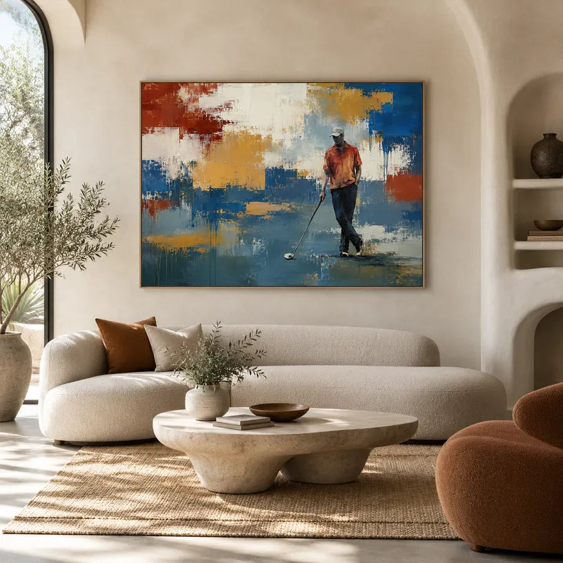 Abstract Expressionist landscapes & seascapes & cityscapes oil painting showing a painterly landscape with distant hills, trees or reflective water in a blue palette.