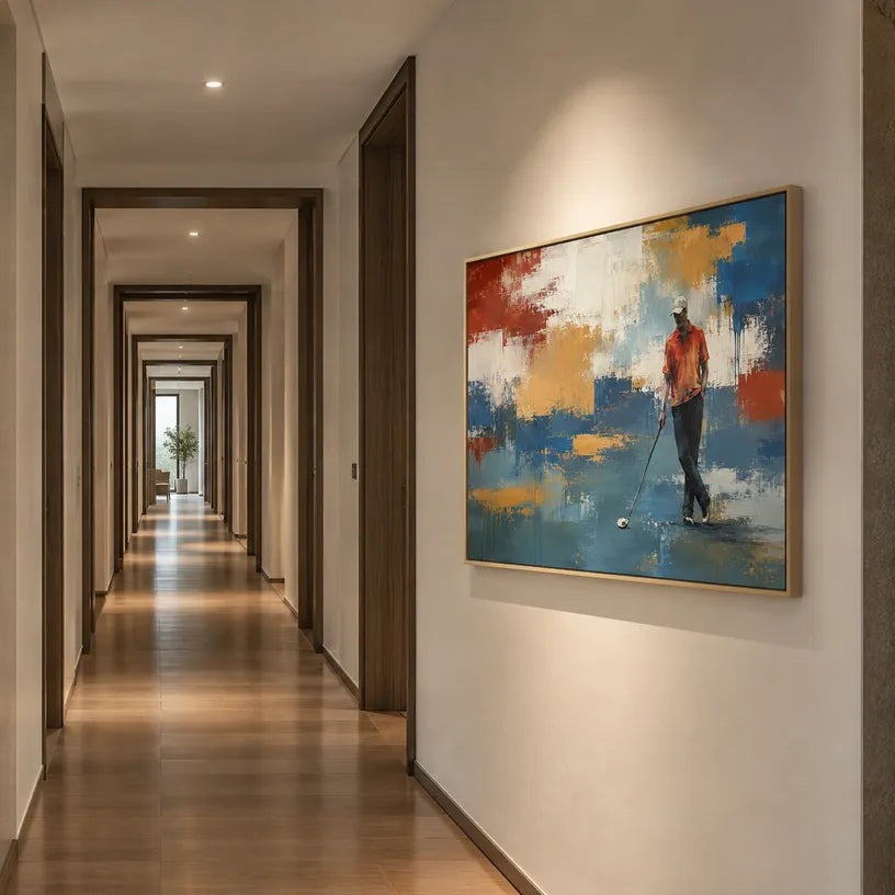 Abstract Expressionist landscapes & seascapes & cityscapes oil painting showing a painterly landscape with distant hills, trees or reflective water in a blue palette.