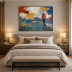 Abstract Expressionist landscapes & seascapes & cityscapes oil painting showing a painterly landscape with distant hills, trees or reflective water in a blue palette.
