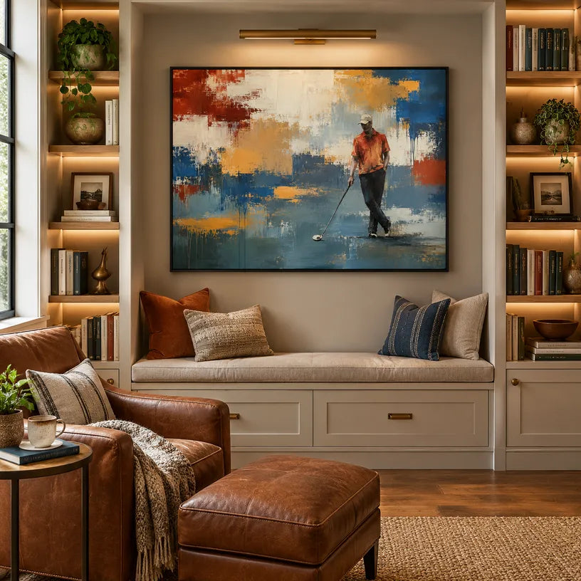 Abstract Expressionist landscapes & seascapes & cityscapes oil painting showing a painterly landscape with distant hills, trees or reflective water in a blue palette.