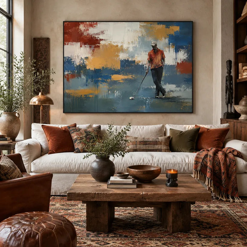 Abstract Expressionist landscapes & seascapes & cityscapes oil painting showing a painterly landscape with distant hills, trees or reflective water in a blue palette.