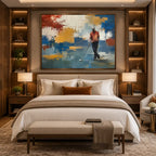 Abstract Expressionist landscapes & seascapes & cityscapes oil painting showing a painterly landscape with distant hills, trees or reflective water in a blue palette.