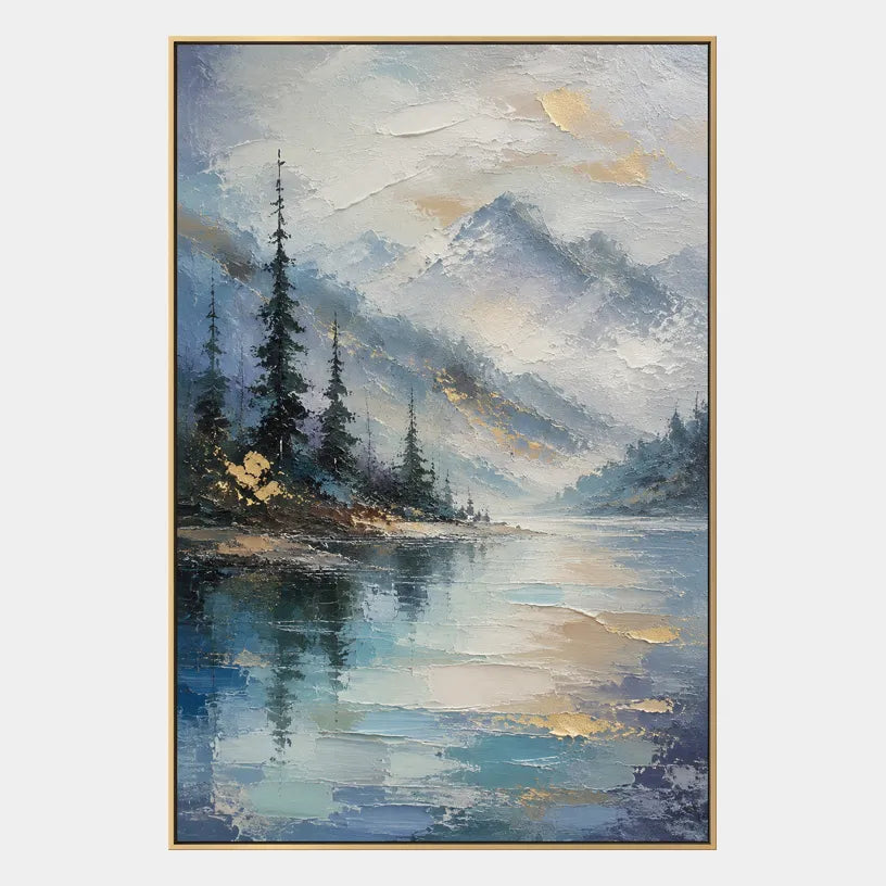 Abstract Expressionist landscapes & seascapes & cityscapes oil painting showing a soft lake with distant trees and open sky in a blue palette, contemporary wall art.