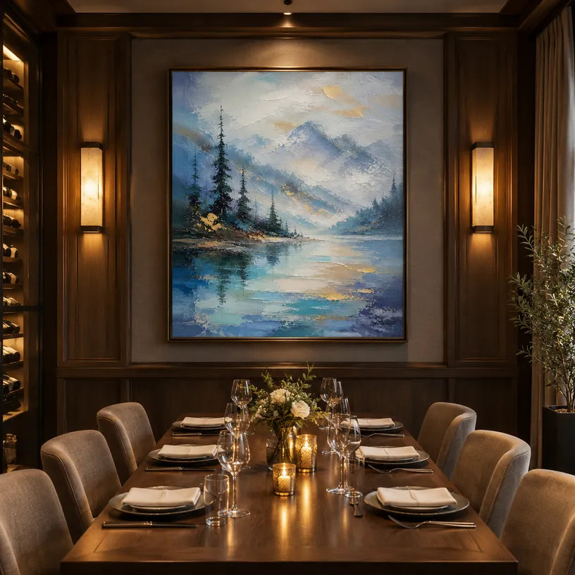 Abstract Expressionist landscapes & seascapes & cityscapes oil painting showing a soft lake with distant trees and open sky in a blue palette, contemporary wall art.