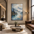 Abstract Expressionist landscapes & seascapes & cityscapes oil painting showing a soft lake with distant trees and open sky in a blue palette, contemporary wall art.
