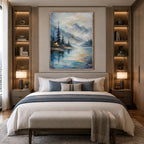 Abstract Expressionist landscapes & seascapes & cityscapes oil painting showing a soft lake with distant trees and open sky in a blue palette, contemporary wall art.