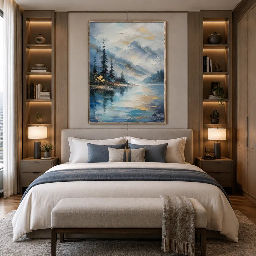 Abstract Expressionist landscapes & seascapes & cityscapes oil painting showing a soft lake with distant trees and open sky in a blue palette, contemporary wall art.