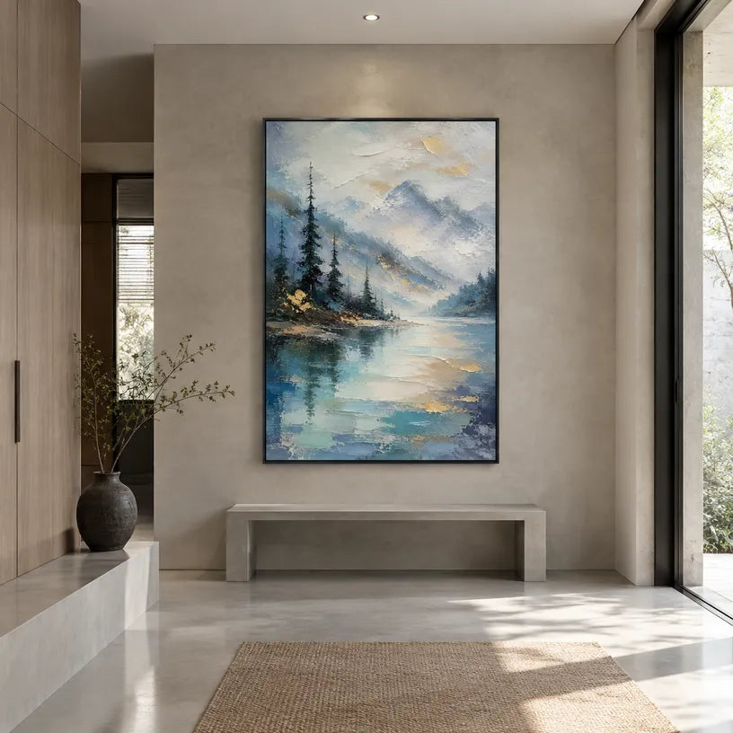 Abstract Expressionist landscapes & seascapes & cityscapes oil painting showing a soft lake with distant trees and open sky in a blue palette, contemporary wall art.
