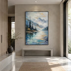 Abstract Expressionist landscapes & seascapes & cityscapes oil painting showing a soft lake with distant trees and open sky in a blue palette, contemporary wall art.
