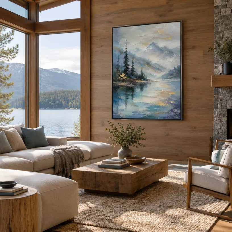 Abstract Expressionist landscapes & seascapes & cityscapes oil painting showing a soft lake with distant trees and open sky in a blue palette, contemporary wall art.