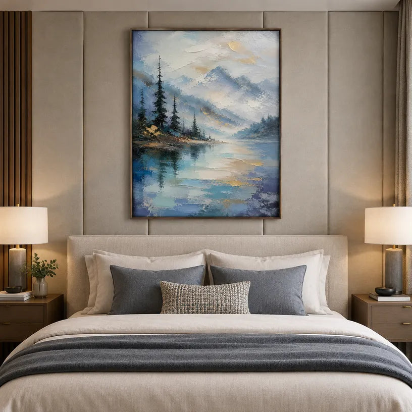 Abstract Expressionist landscapes & seascapes & cityscapes oil painting showing a soft lake with distant trees and open sky in a blue palette, contemporary wall art.