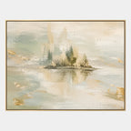 Abstract Expressionist landscapes & seascapes & cityscapes oil painting showing a mountain lake framed by evergreens in a blue palette, contemporary wall art.