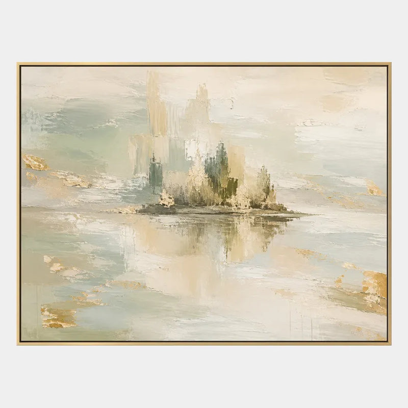 Dipinto a olio con paesaggi, paesaggi marini e paesaggi urbani dell'Espressionismo astratto, caratterizzato da un paesaggio atmosferico, una composizione ispirata al paesaggio marino o alla città in una tavolozza beige.