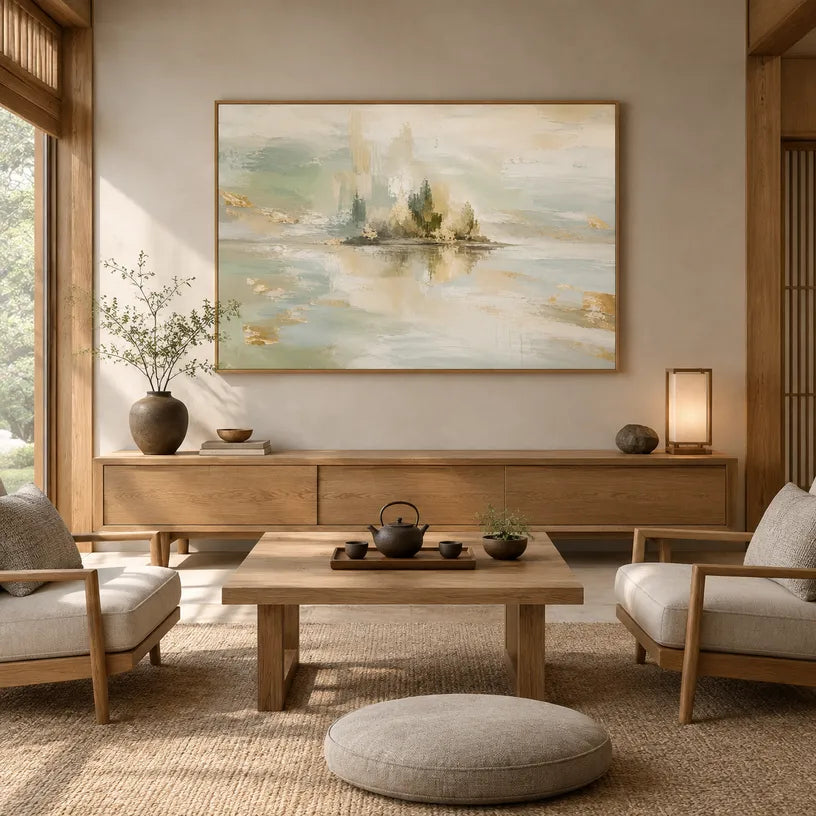 Abstract Expressionist landscapes & seascapes & cityscapes oil painting showing a mountain lake framed by evergreens in a blue palette, contemporary wall art.