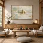 Abstract Expressionist landscapes & seascapes & cityscapes oil painting showing a mountain lake framed by evergreens in a blue palette, contemporary wall art.