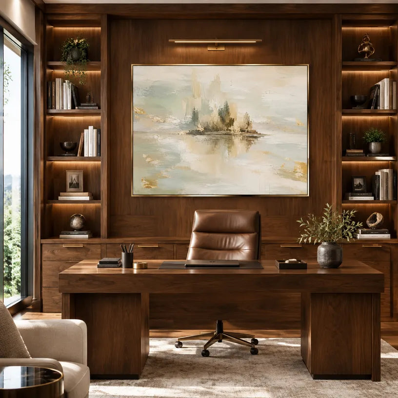 Abstract Expressionist landscapes & seascapes & cityscapes oil painting showing a mountain lake framed by evergreens in a blue palette, contemporary wall art.