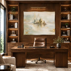 Abstract Expressionist landscapes & seascapes & cityscapes oil painting showing a mountain lake framed by evergreens in a blue palette, contemporary wall art.