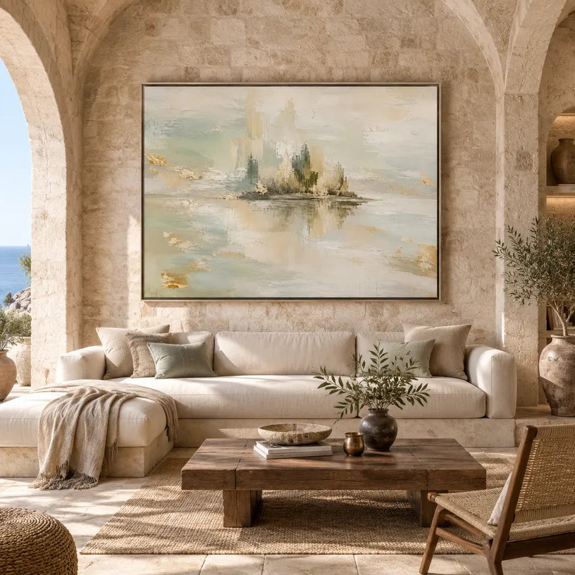 Abstract Expressionist landscapes & seascapes & cityscapes oil painting showing a mountain lake framed by evergreens in a blue palette, contemporary wall art.