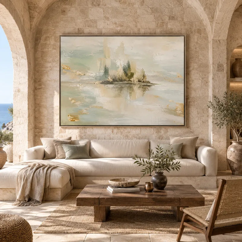 Dipinto a olio con paesaggi, paesaggi marini e paesaggi urbani dell'Espressionismo astratto, caratterizzato da un paesaggio atmosferico, una composizione ispirata al paesaggio marino o alla città in una tavolozza beige.