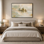 Abstract Expressionist landscapes & seascapes & cityscapes oil painting showing a mountain lake framed by evergreens in a blue palette, contemporary wall art.