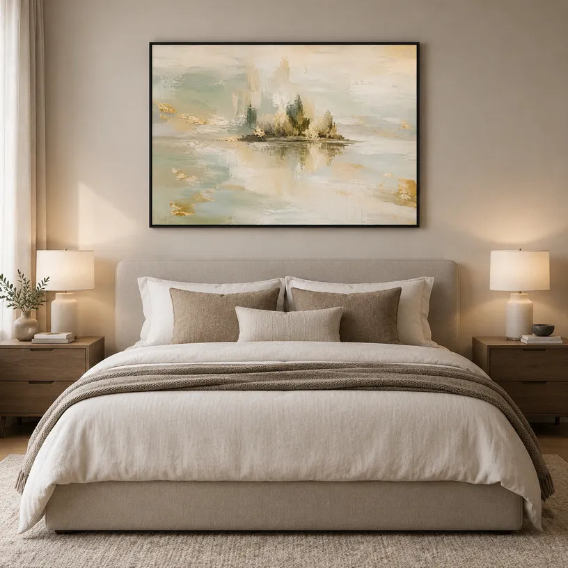 Abstract Expressionist landscapes & seascapes & cityscapes oil painting showing a mountain lake framed by evergreens in a blue palette, contemporary wall art.
