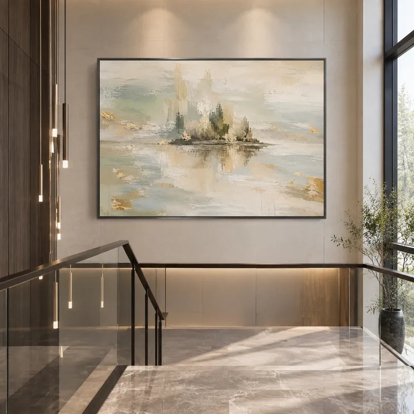 Abstract Expressionist landscapes & seascapes & cityscapes oil painting showing a mountain lake framed by evergreens in a blue palette, contemporary wall art.