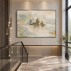 Abstract Expressionist landscapes & seascapes & cityscapes oil painting showing a mountain lake framed by evergreens in a blue palette, contemporary wall art.