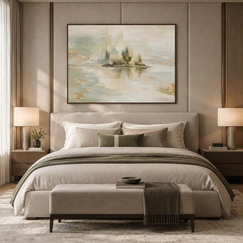 Abstract Expressionist landscapes & seascapes & cityscapes oil painting showing a mountain lake framed by evergreens in a blue palette, contemporary wall art.