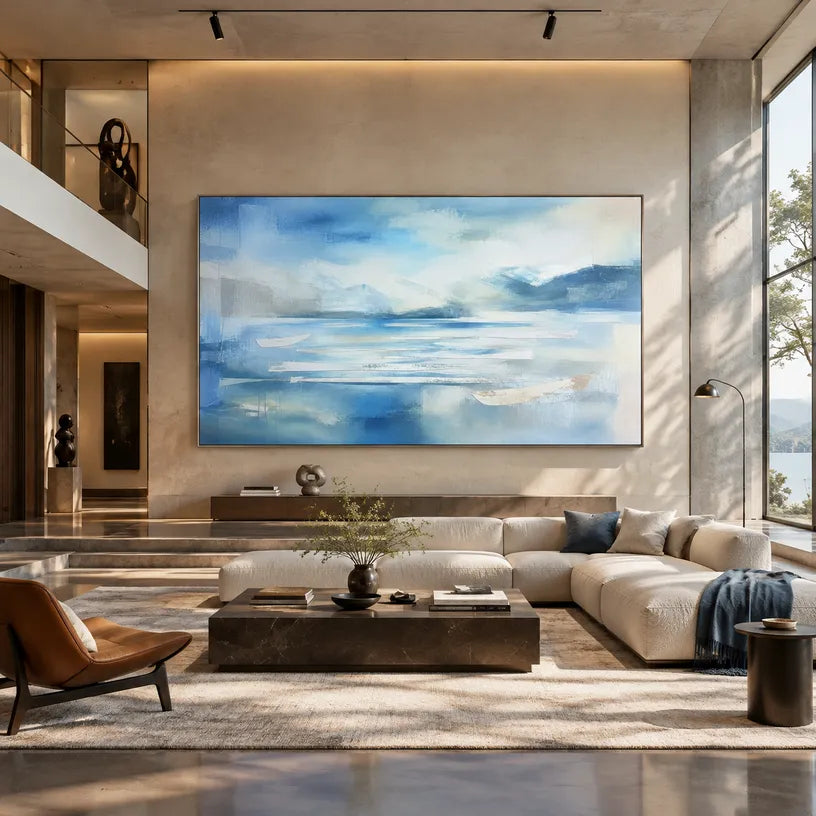 Abstract Expressionist landscapes & seascapes & cityscapes oil painting showing a painterly landscape with distant hills, trees or reflective water in a blue palette.