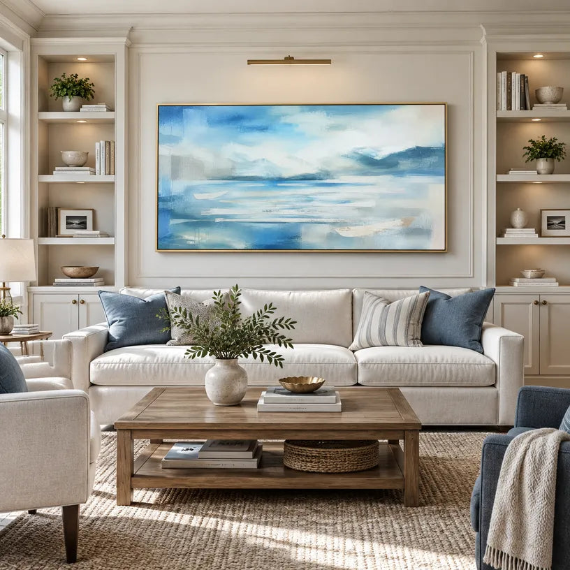 Abstract Expressionist landscapes & seascapes & cityscapes oil painting showing a painterly landscape with distant hills, trees or reflective water in a blue palette.