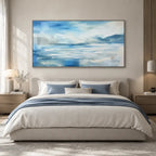 Abstract Expressionist landscapes & seascapes & cityscapes oil painting showing a painterly landscape with distant hills, trees or reflective water in a blue palette.