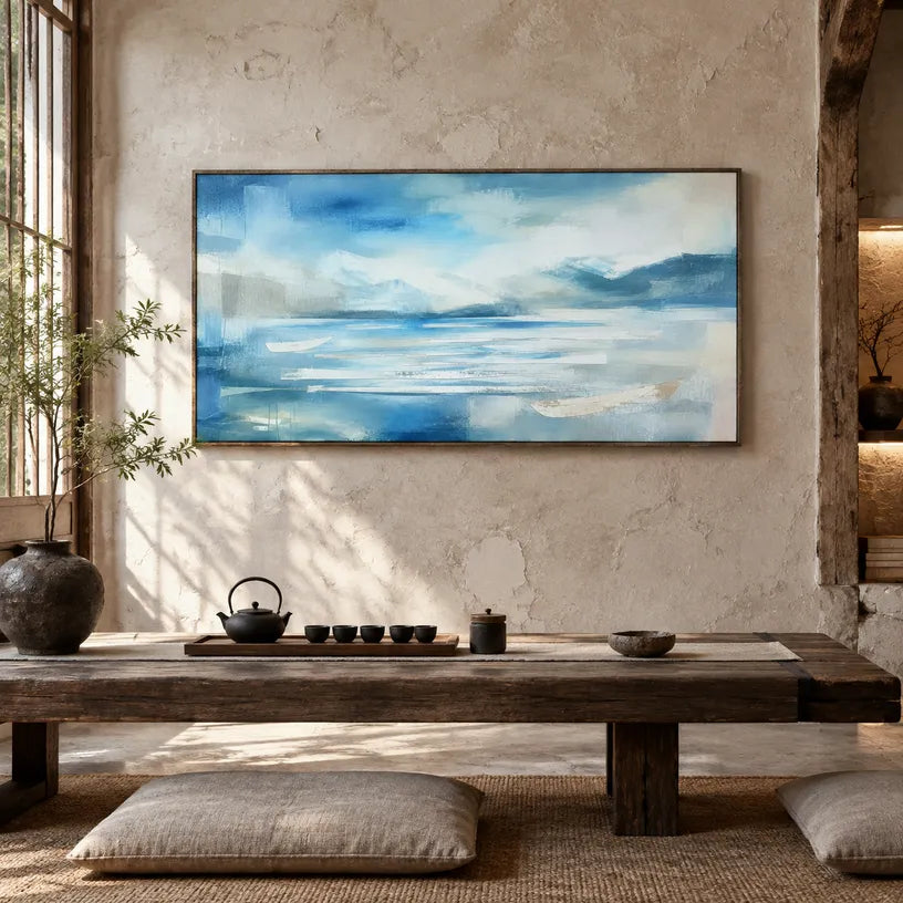 Abstract Expressionist landscapes & seascapes & cityscapes oil painting showing a painterly landscape with distant hills, trees or reflective water in a blue palette.