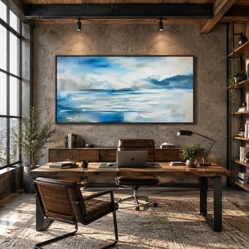 Abstract Expressionist landscapes & seascapes & cityscapes oil painting showing a painterly landscape with distant hills, trees or reflective water in a blue palette.