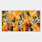 Abstract Expressionist abstract oil painting showing warm orange and ochre energy with white linear marks in a orange palette, contemporary wall art.