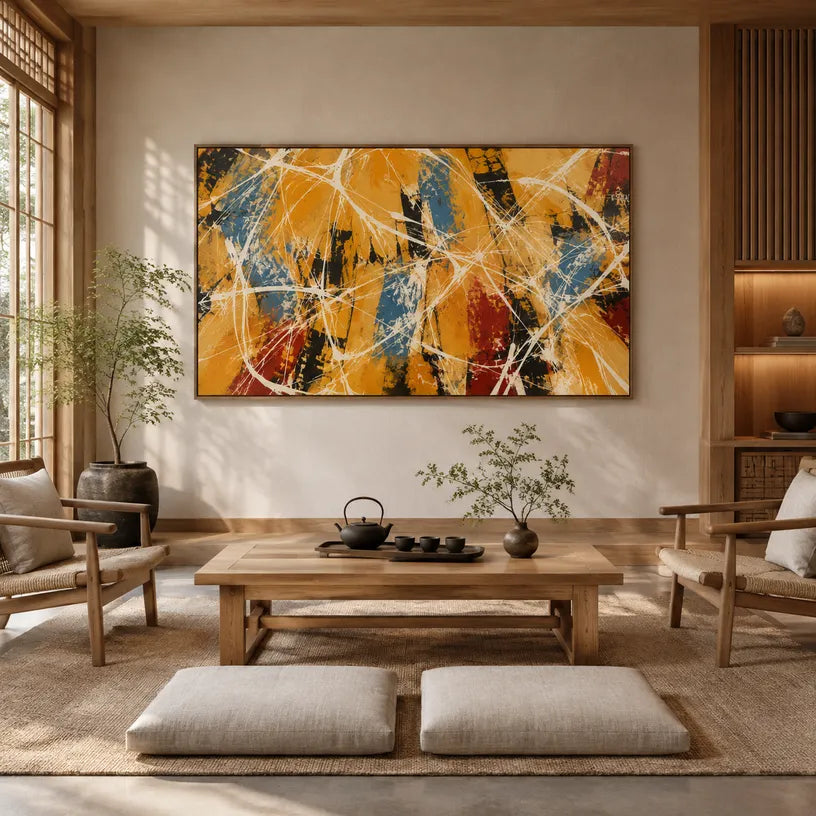 Abstract Expressionist abstract oil painting showing warm orange and ochre energy with white linear marks in a orange palette, contemporary wall art.
