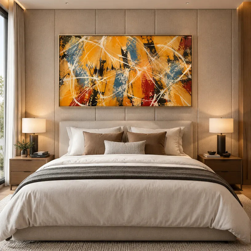 Abstract Expressionist abstract oil painting showing warm orange and ochre energy with white linear marks in a orange palette, contemporary wall art.