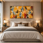 Abstract Expressionist abstract oil painting showing warm orange and ochre energy with white linear marks in a orange palette, contemporary wall art.